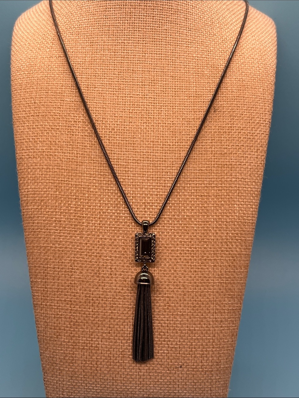 #0091. Monet Gunmetal Black Rectangular Tassel Pendant Necklace